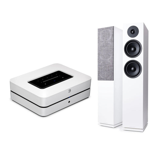 HiFi-Set Bluesound Powernode + Argon Forus 55 Weiss Setansicht mit Powernode und Standlautsprecherpaar