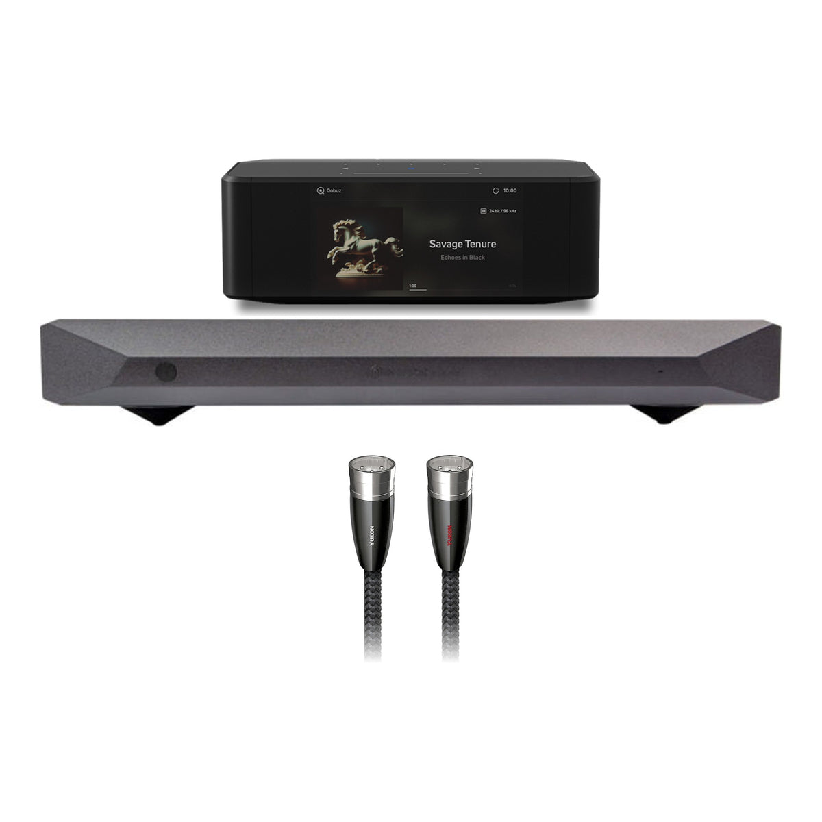 HiFi-Set NuPrime Evolution STA-SE und Bluesound Node Icon in Schwarz mit AudioQuest Yukon XLR-Kabel, Setansicht