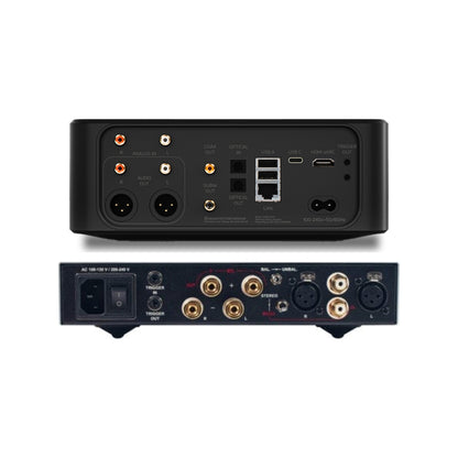 HiFi-Set NuPrime STA-9X und Bluesound Node Icon Rückansicht mit XLR-, Cinch- und Trigger-Anschlüssen