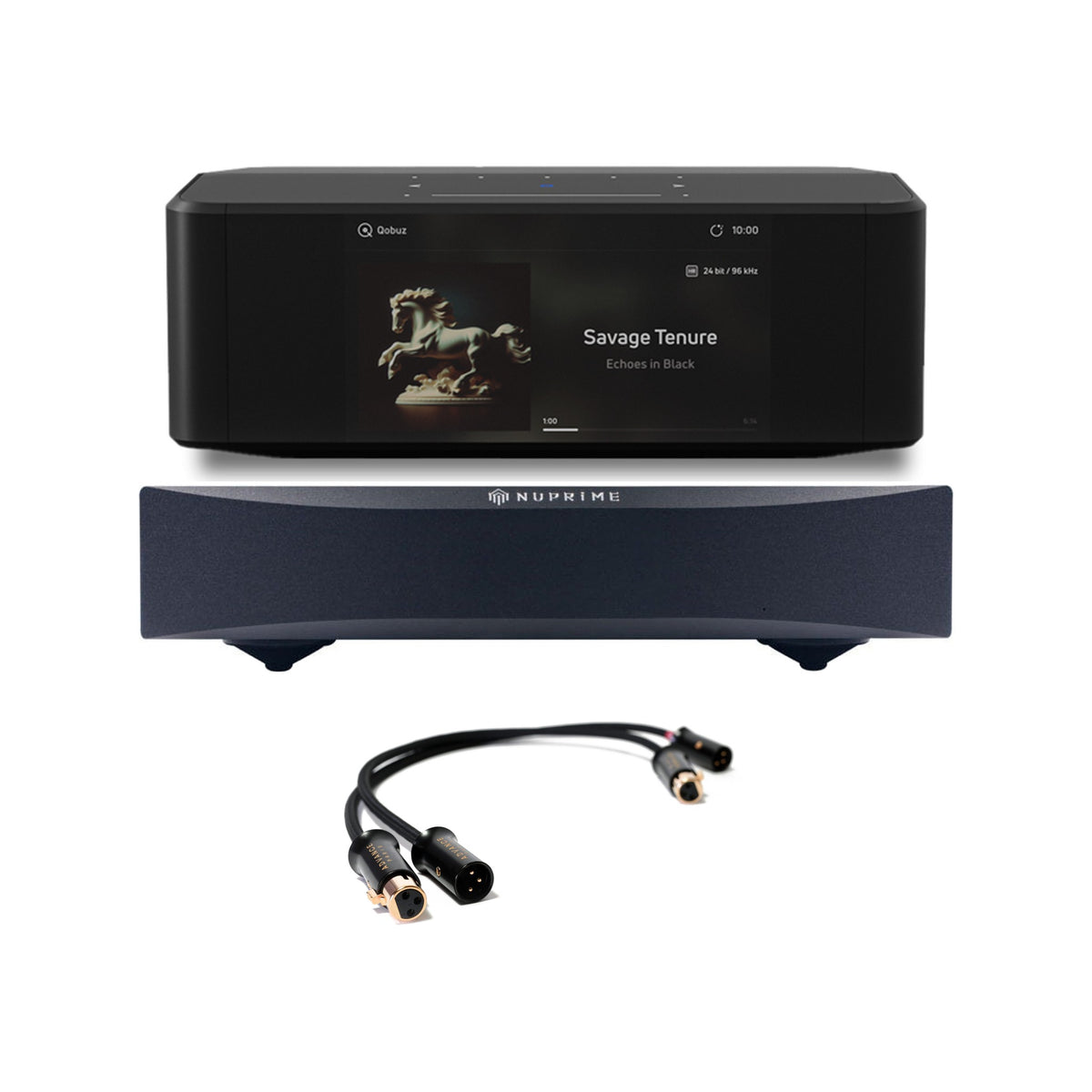 HiFi-Set NuPrime STA-9X und Bluesound Node Icon in Schwarz, gestapelt, mit Advance Paris L-XLR-Kabel, Setansicht