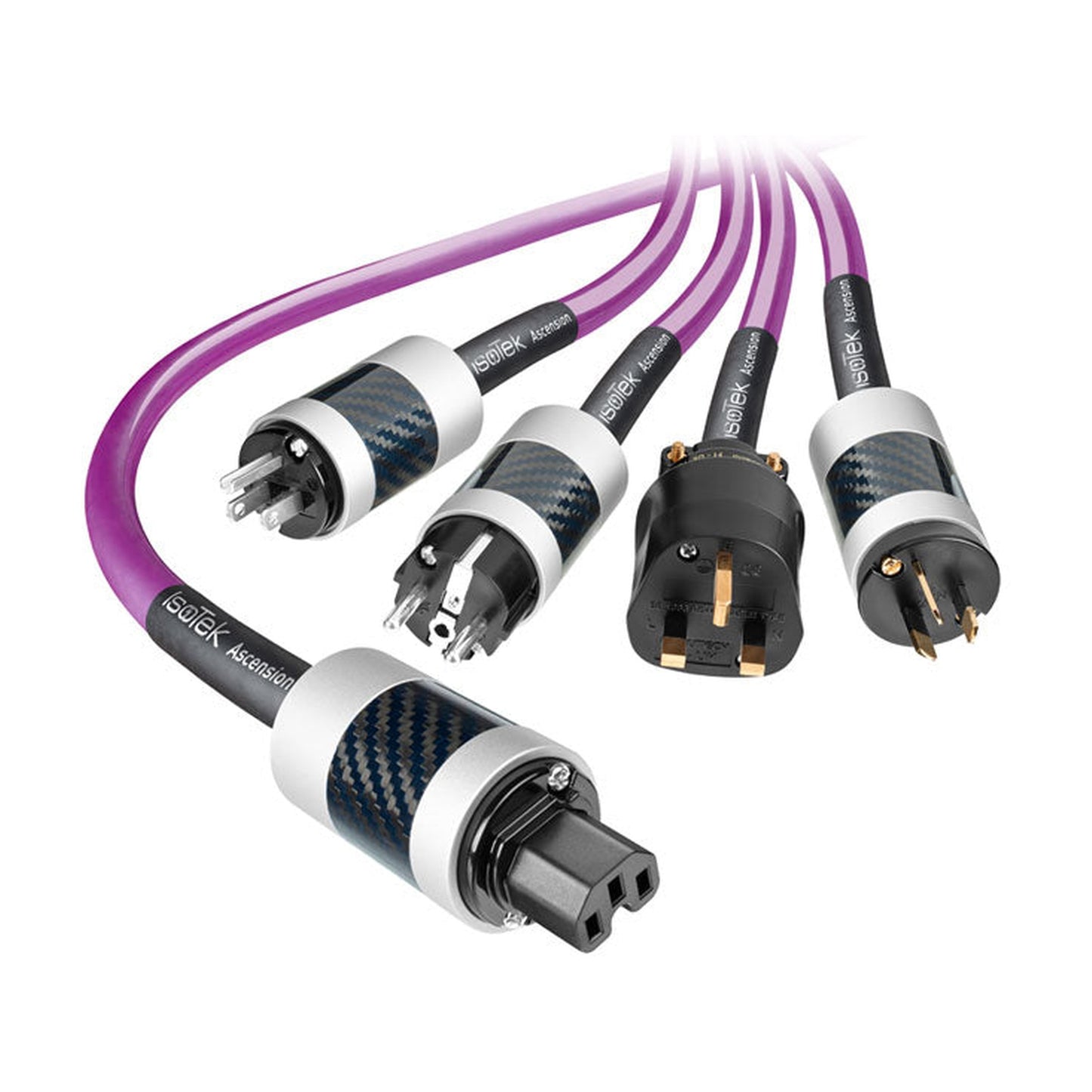 IsoTek EVO3 Ascension Netzkabel – Produktübersicht mit vier verschiedenen Steckverbindern