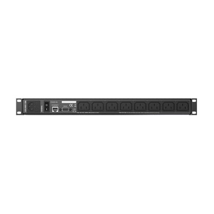 IsoTek Smart Power Alpha Netzfilterleiste Rückansicht mit acht IEC-Ausgängen und Netzwerkanschluss