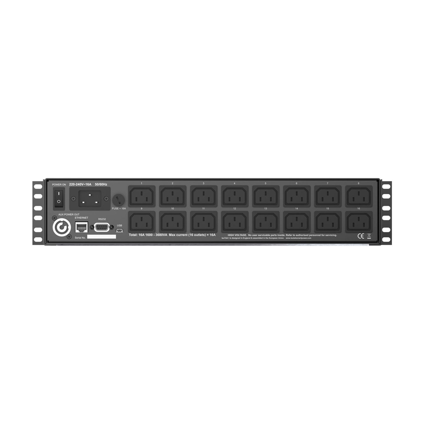 IsoTek Smart Power Delta Netzfilterleiste Rückansicht mit sechzehn IEC-Ausgängen und Netzwerkanschluss