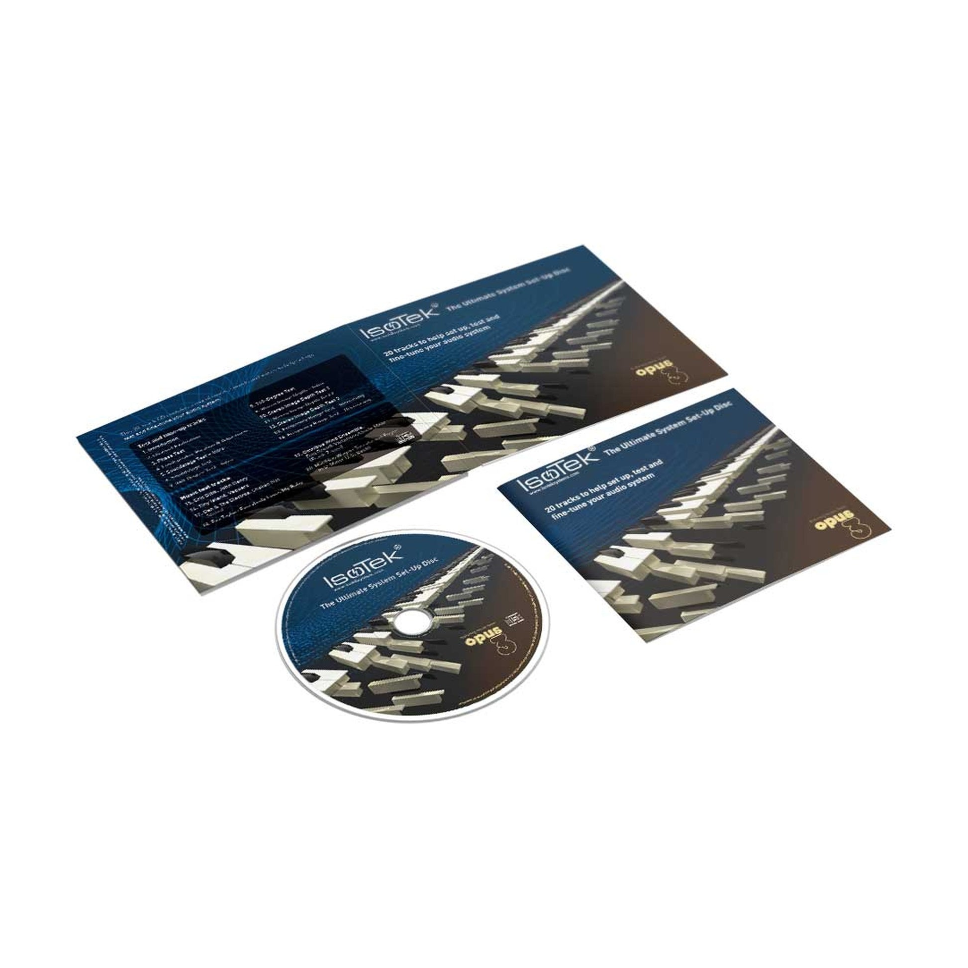IsoTek Ultimate System Set-Up Disc Lieferumfang mit aufgeklapptem Schuber, Rückseite und CD
