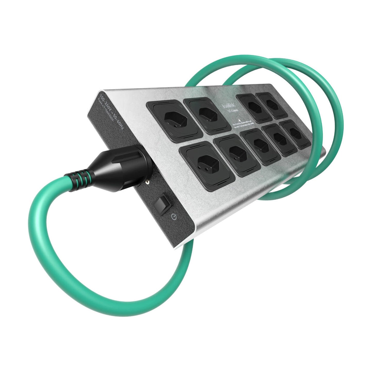 IsoTek V5 Corvus Netzleiste Schrägansicht in Silber mit Netzkabel