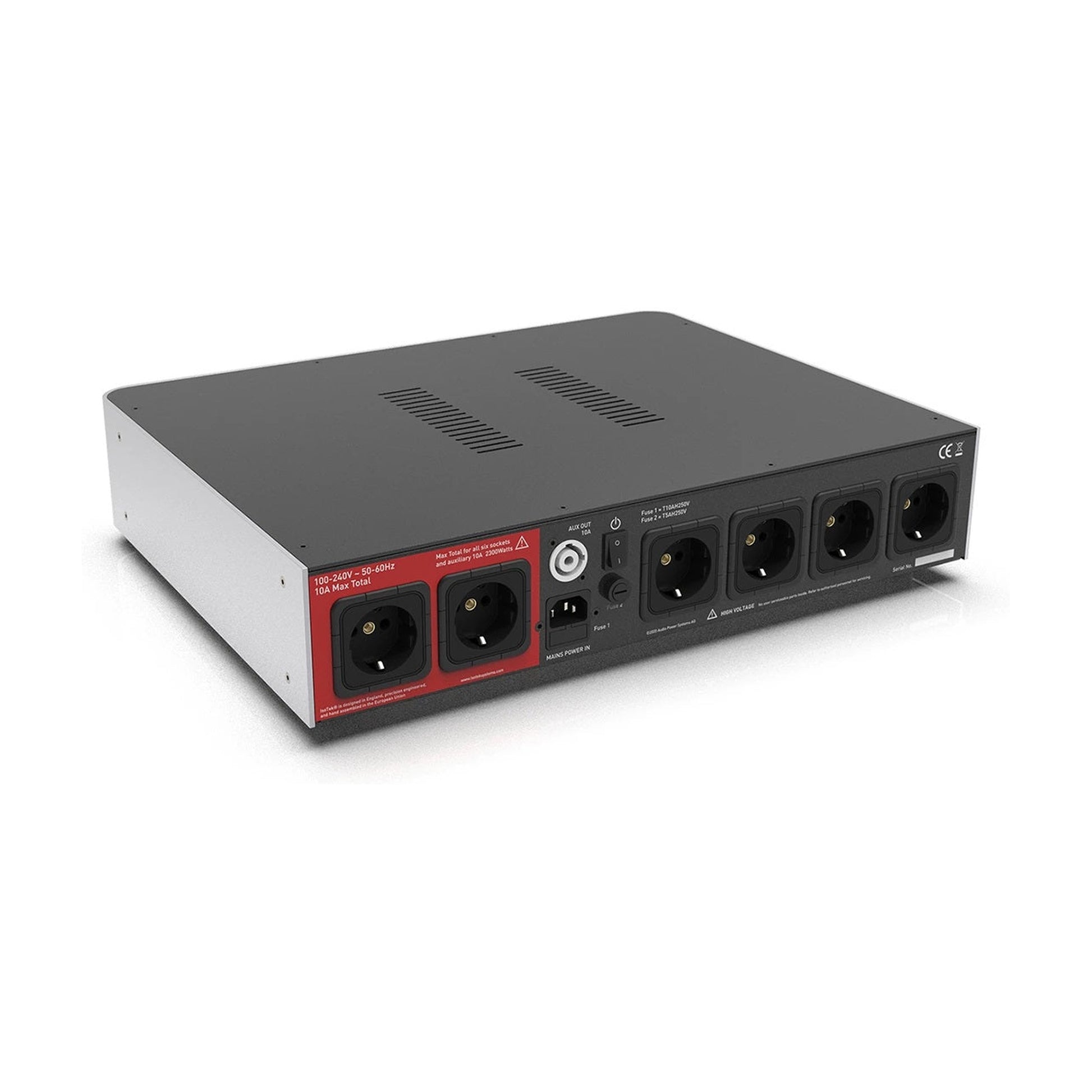 IsoTek V5 Elektra Netzaufbereiter Rückansicht mit sechs Schuko-Ausgängen und Netzeingang