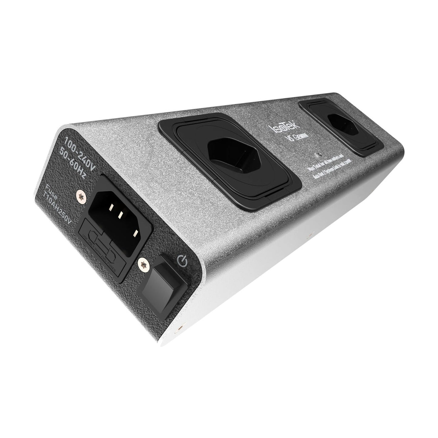 IsoTek V5 Gemini Netzleiste Schrägansicht mit CH-Stecker