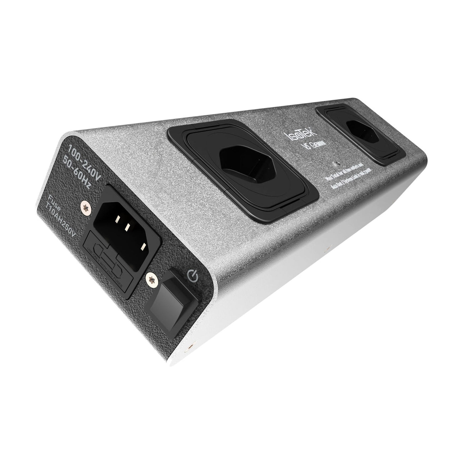 IsoTek V5 Gemini Netzleiste Schrägansicht mit CH-Stecker