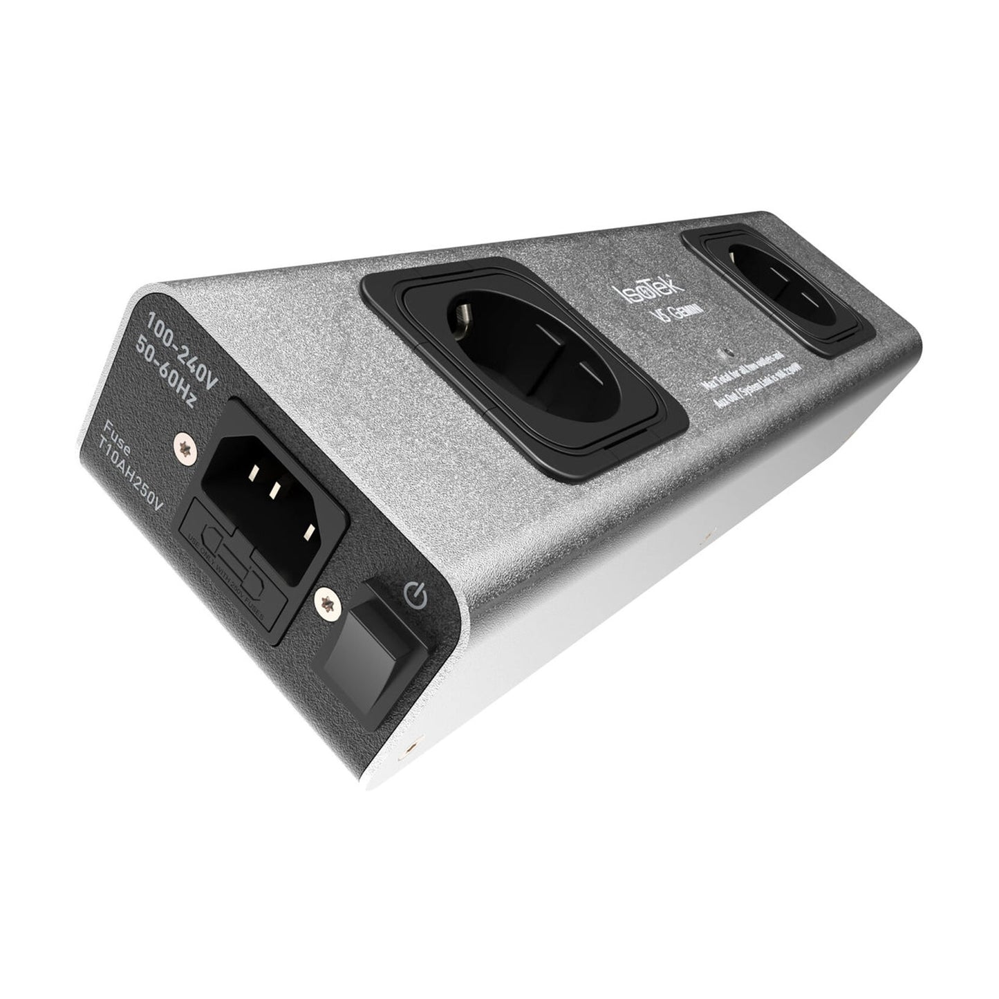 IsoTek V5 Gemini Netzleiste Schrägansicht mit Schuko-Stecker