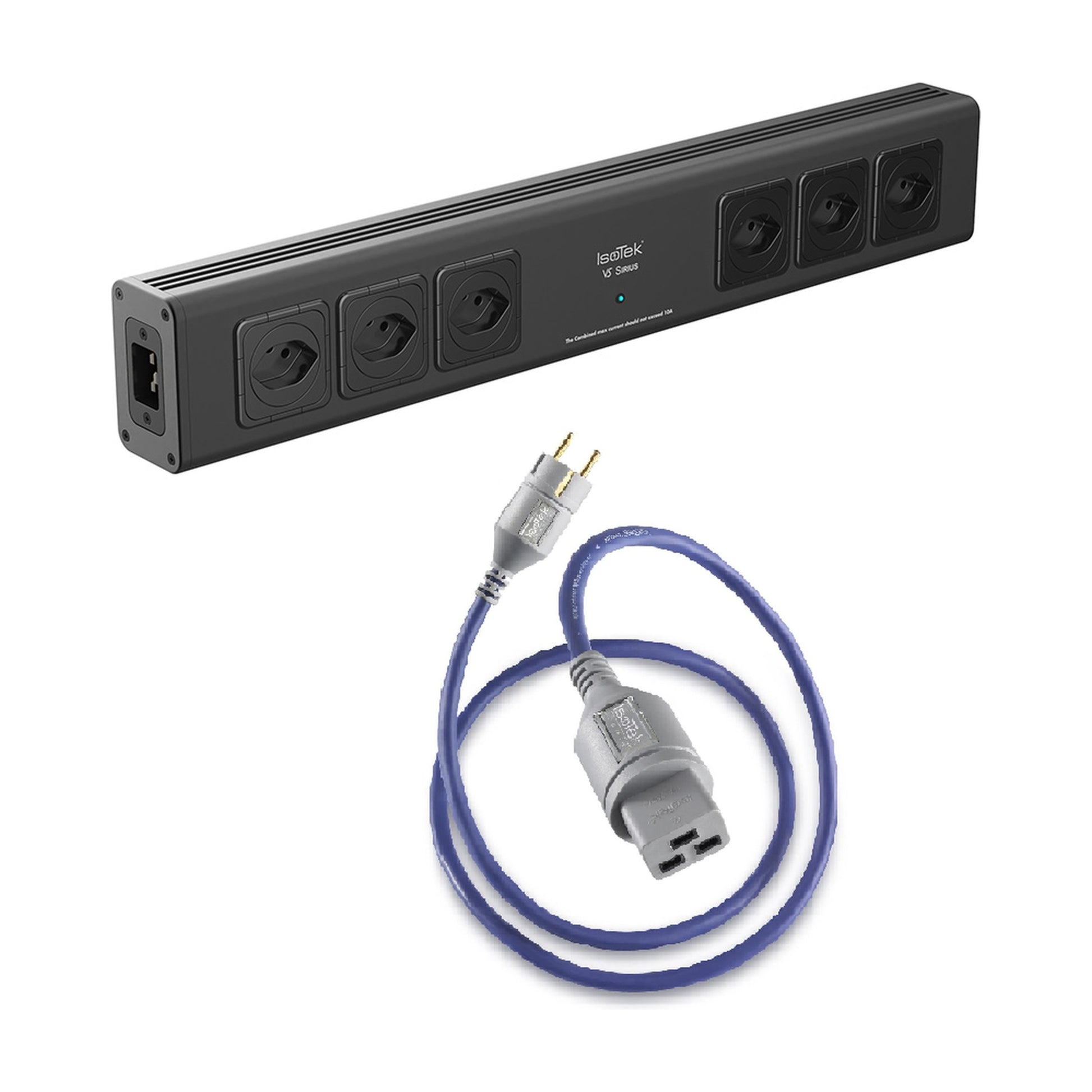 IsoTek V5 Sirius Netzleiste Schrägansicht in Schwarz mit CH-Netzkabel