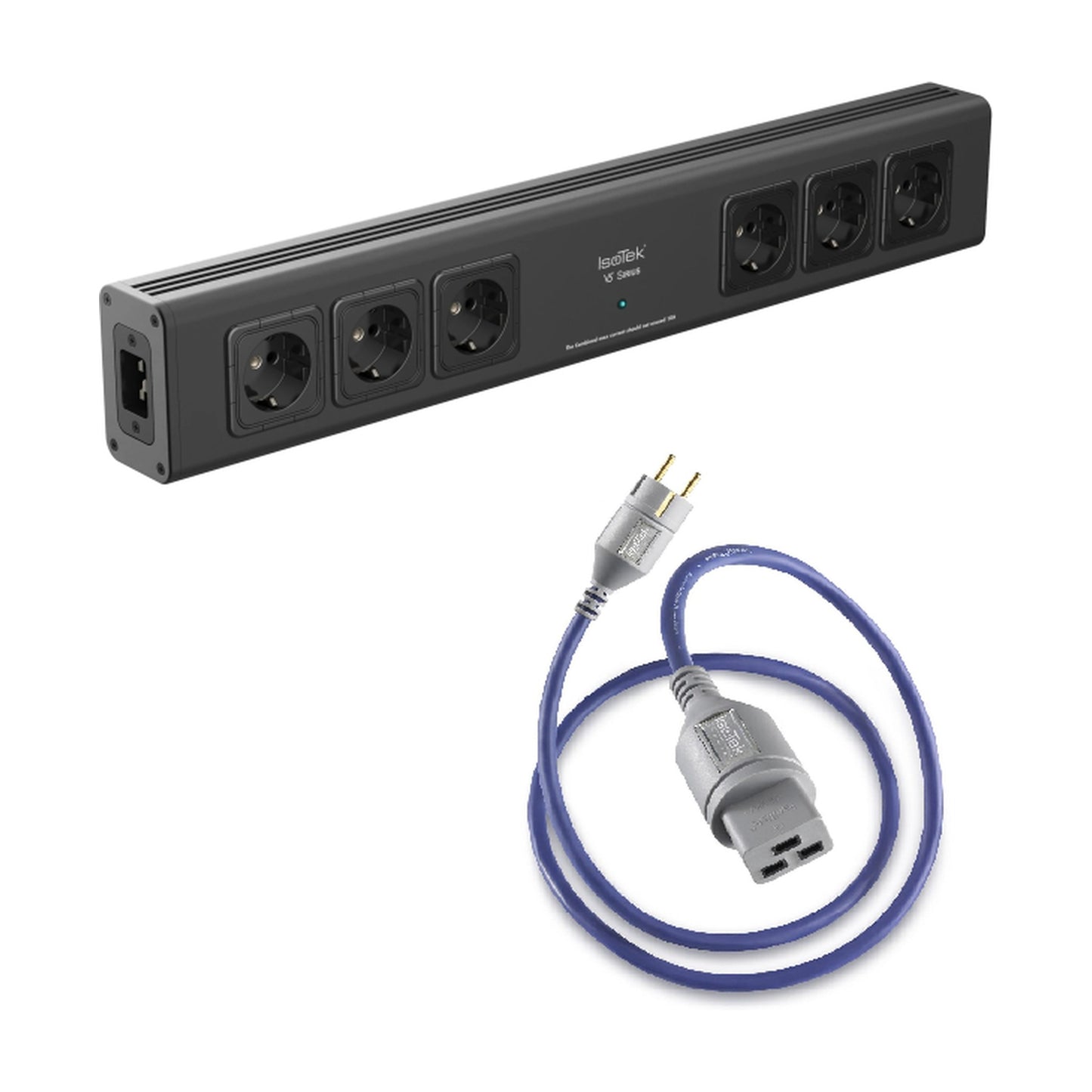 IsoTek V5 Sirius Netzleiste Schrägansicht in Schwarz mit Schuko-Netzkabel