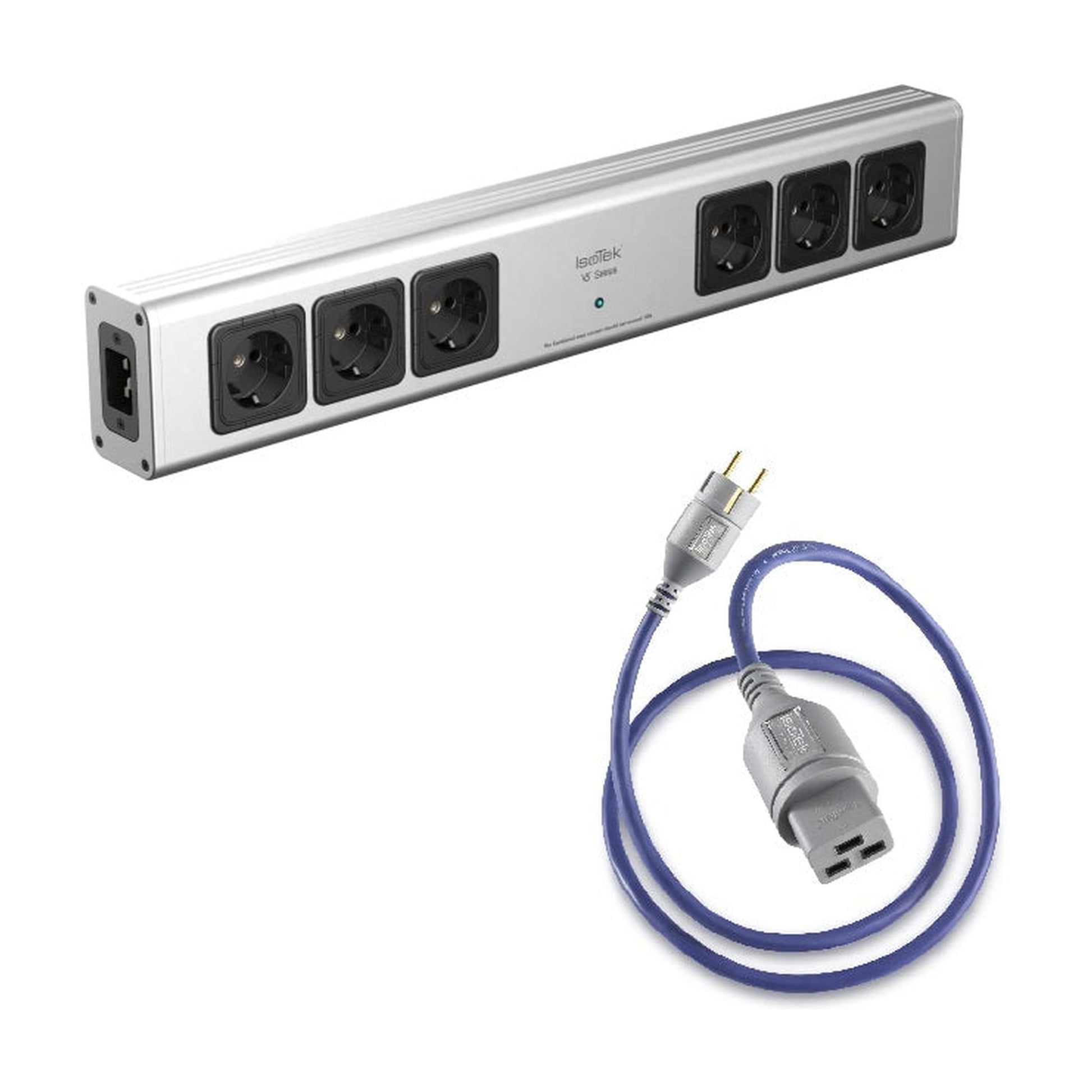 IsoTek V5 Sirius Netzleiste Schrägansicht in Silber mit Schuko-Netzkabel