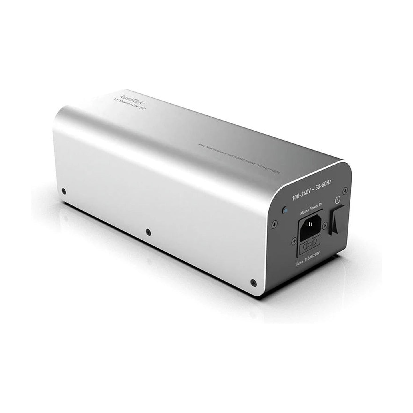 IsoTek V5 Syncro Uni 10 A DC-Blocker Schrägansicht in Silber