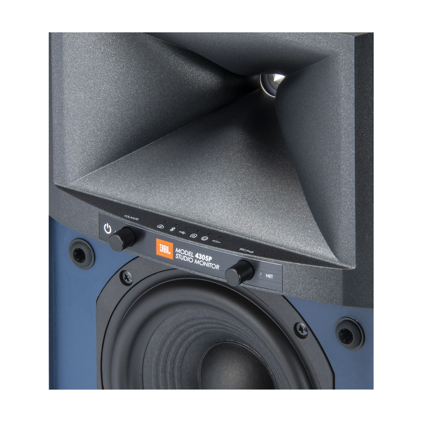 JBL 4305P Studio Monitor schwarz Detailansicht Hochtonhorn und Bedienelemente