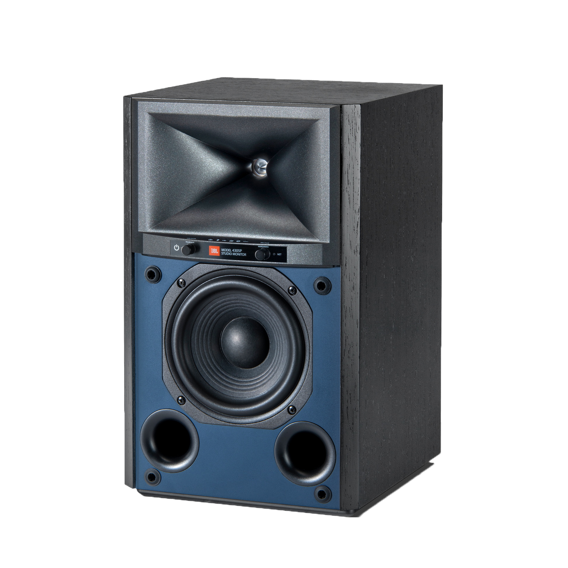 JBL 4305P Studio Monitor schwarz Schrägansicht ohne Grill mit sichtbarem Tieftöner