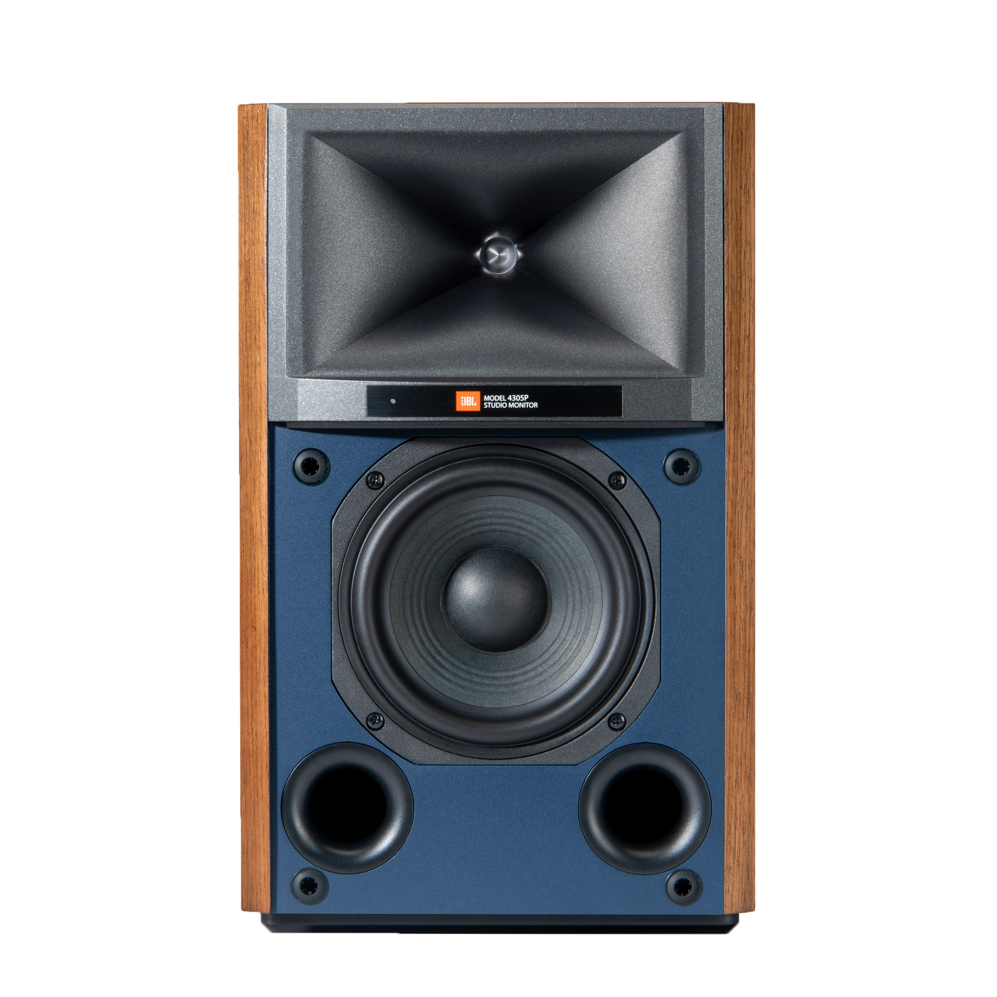 JBL 4305P Studio Monitor Walnuss Frontansicht ohne Grill mit sichtbarem Tieftöner