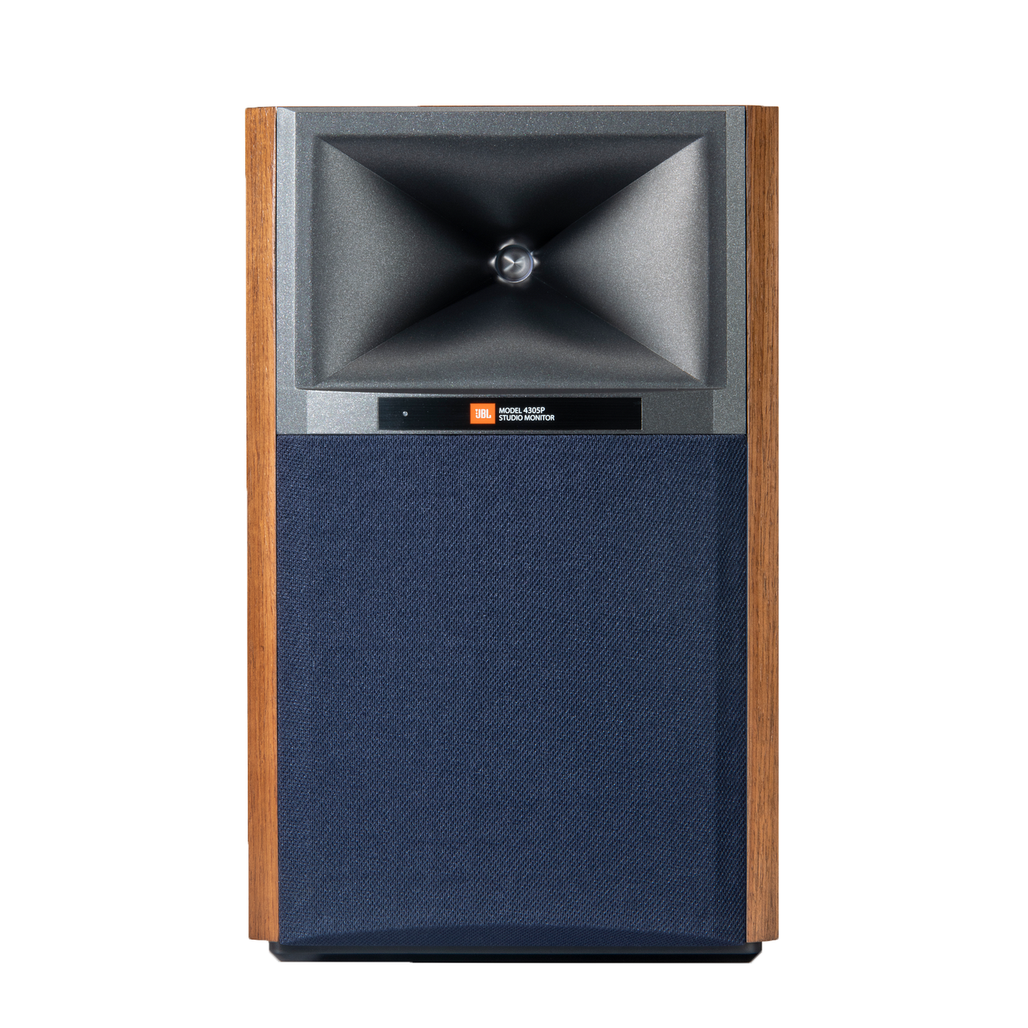 JBL 4305P Studio Monitor Walnuss Frontansicht mit blauem Grill