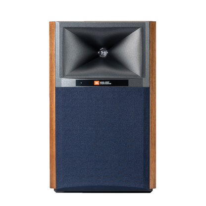 JBL 4305P Studio Monitor Walnuss Frontansicht mit blauem Grill