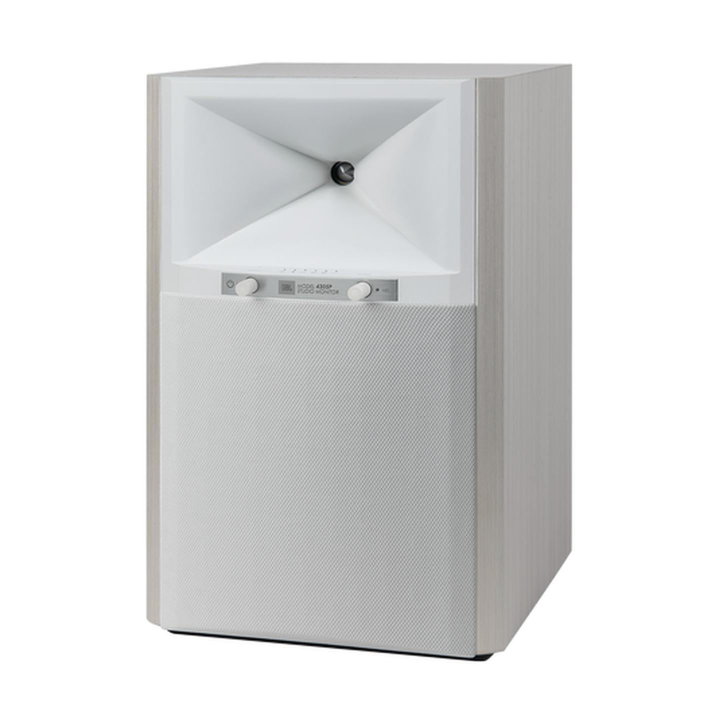 JBL 4305P Studio Monitor Aktivlautsprecher White Aspen Dreiviertelansicht links mit Grill