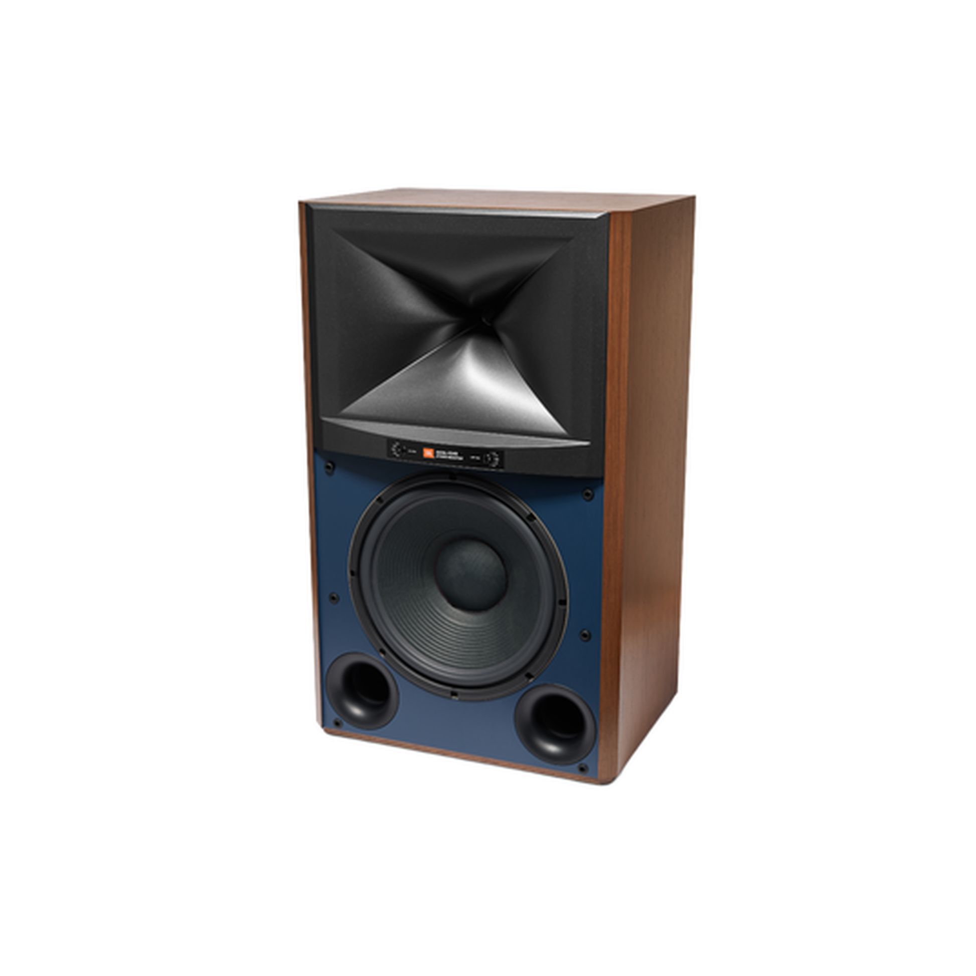 JBL 4349 Studio Monitor Walnuss Schrägansicht ohne Grill mit sichtbarem Tieftöner