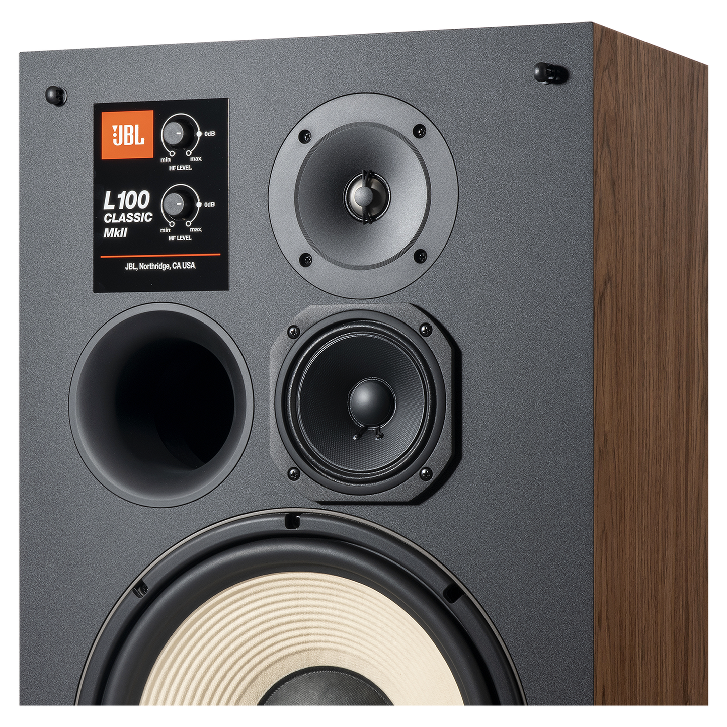 JBL L100 Classic MKII Regallautsprecher schwarz Detailansicht Hochtöner und Mitteltöner