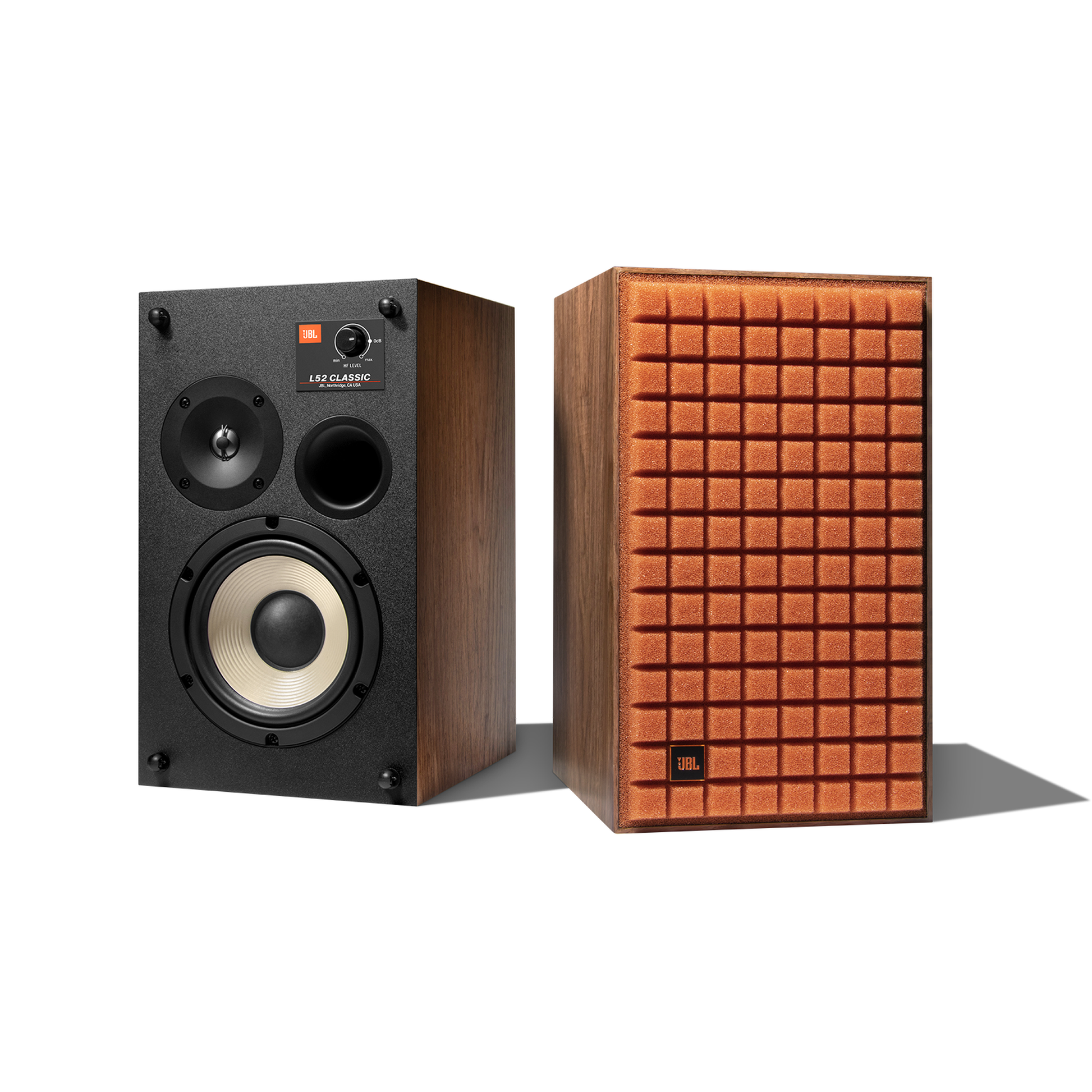 JBL L52 Classic Regallautsprecher orange Walnuss-Furnier Quadrex-Grill Paar Frontansicht