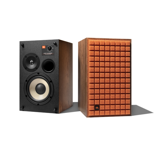 JBL L52 Classic Regallautsprecher orange Walnuss-Furnier Quadrex-Grill Paar Frontansicht