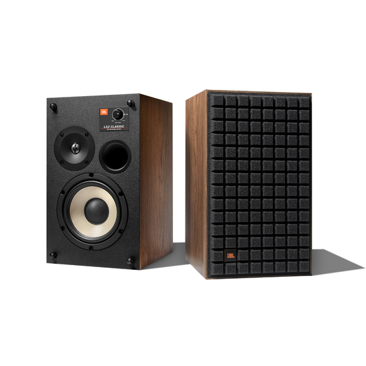 JBL L52 Classic Regallautsprecher schwarz Walnuss-Furnier Quadrex-Grill Paar Frontansicht