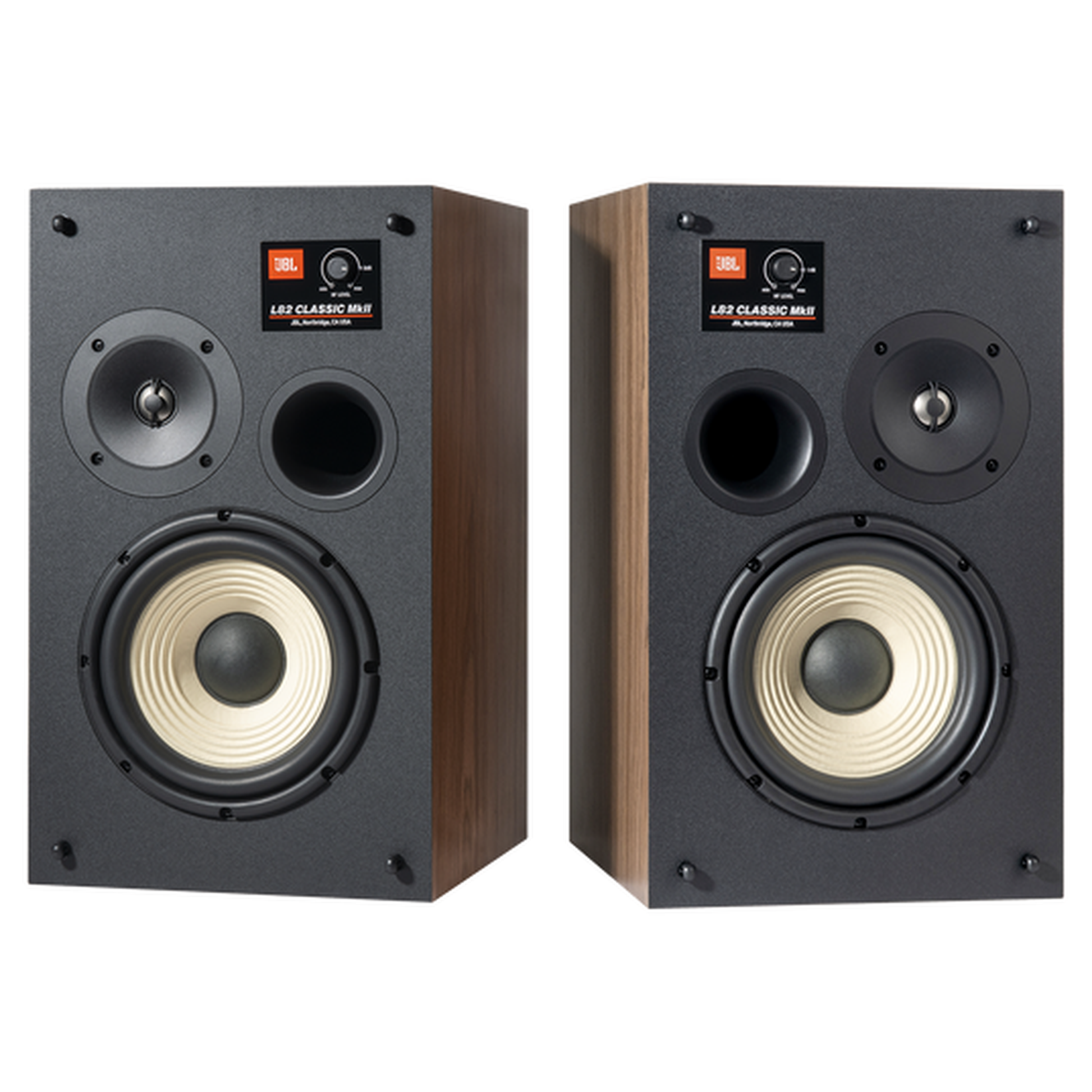 JBL L82 Classic MKII Regallautsprecher blau Walnuss Treiber ohne Grill Paar Frontansicht