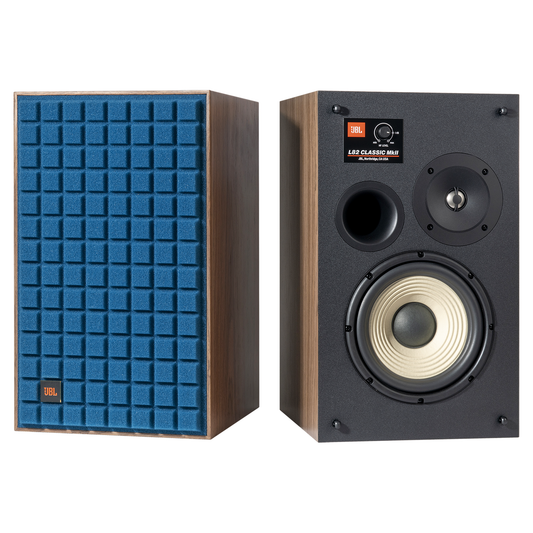 JBL L82 Classic MKII Regallautsprecher blau Walnuss-Furnier Quadrex-Grill Paar Frontansicht