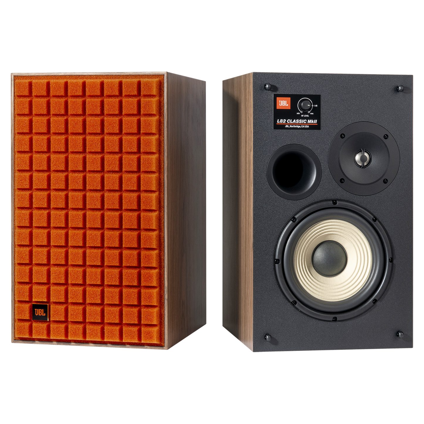 JBL L82 Classic MKII Regallautsprecher orange Walnuss-Furnier Quadrex-Grill Paar Frontansicht