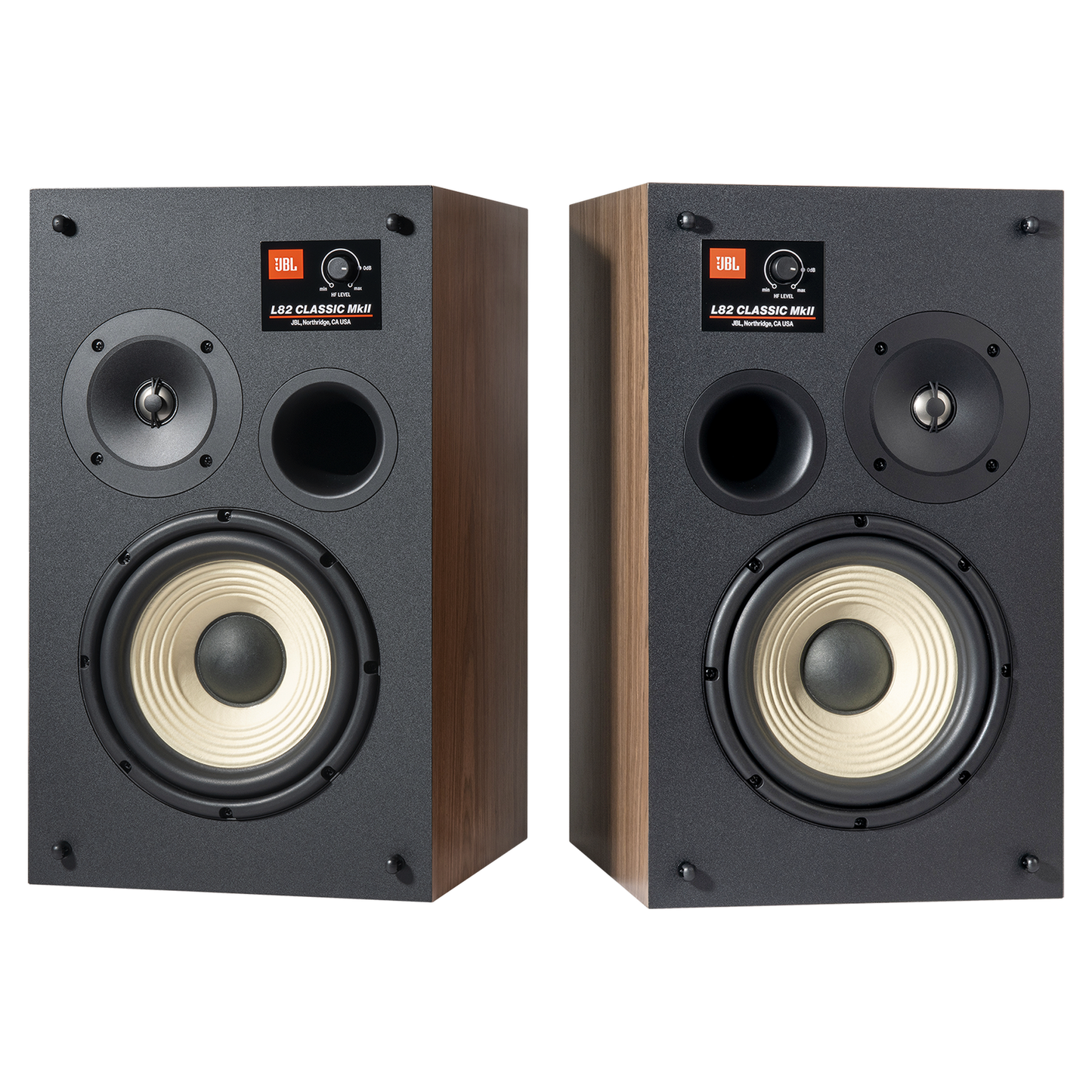 JBL L82 Classic MKII Regallautsprecher schwarz Walnuss Treiber ohne Grill Paar Frontansicht