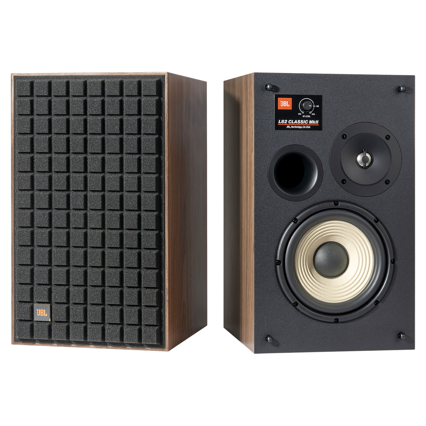 JBL L82 Classic MKII Regallautsprecher schwarz Walnuss-Furnier Quadrex-Grill Paar Frontansicht