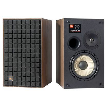 JBL L82 Classic MKII Regallautsprecher schwarz Walnuss-Furnier Quadrex-Grill Paar Frontansicht