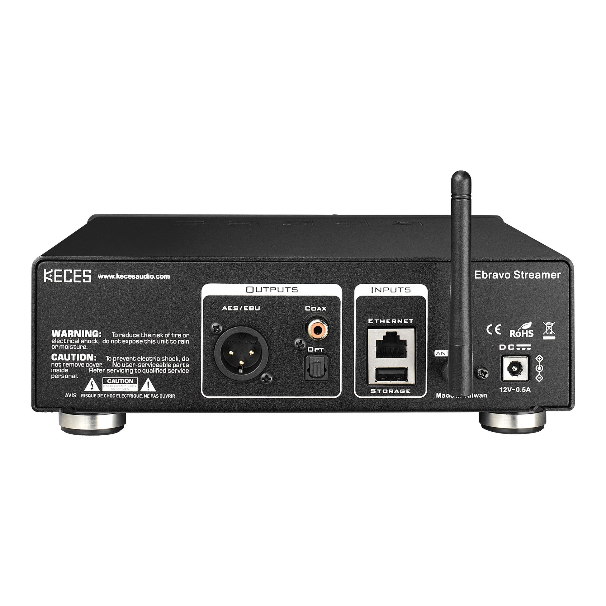 KECES Ebravo + P6 Set Rückansicht Ebravo Streamer mit AES/EBU, Coax und Ethernet