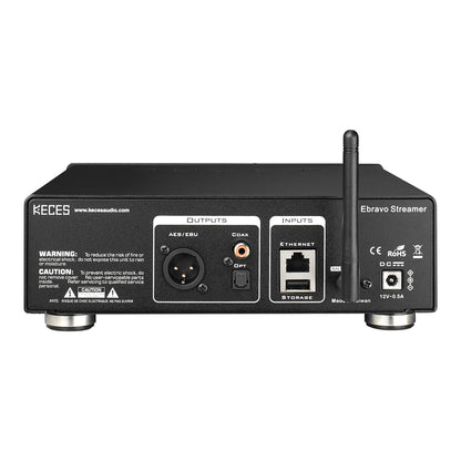 KECES Ebravo + P6 Set Rückansicht Ebravo Streamer mit AES/EBU, Coax und Ethernet