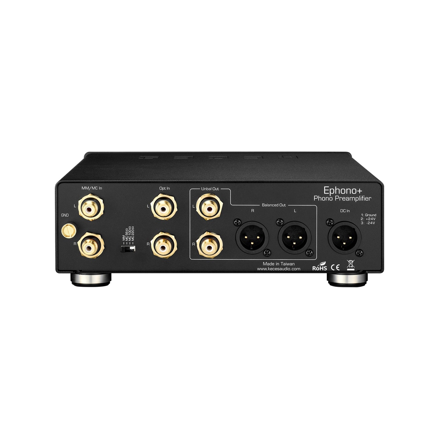 KECES Ephono+ Phono-Vorverstärker Anschlussfeld mit MM/MC-Eingang, Cinch, XLR und DC-Eingang
