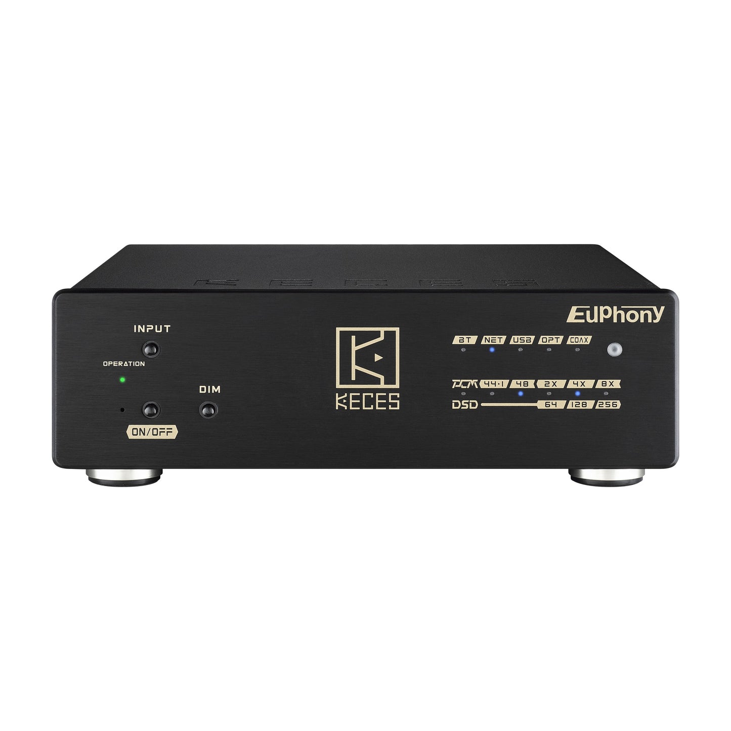 KECES Euphony Streamer-DAC Frontansicht mit Quellenanzeige und DSD-Statusleiste