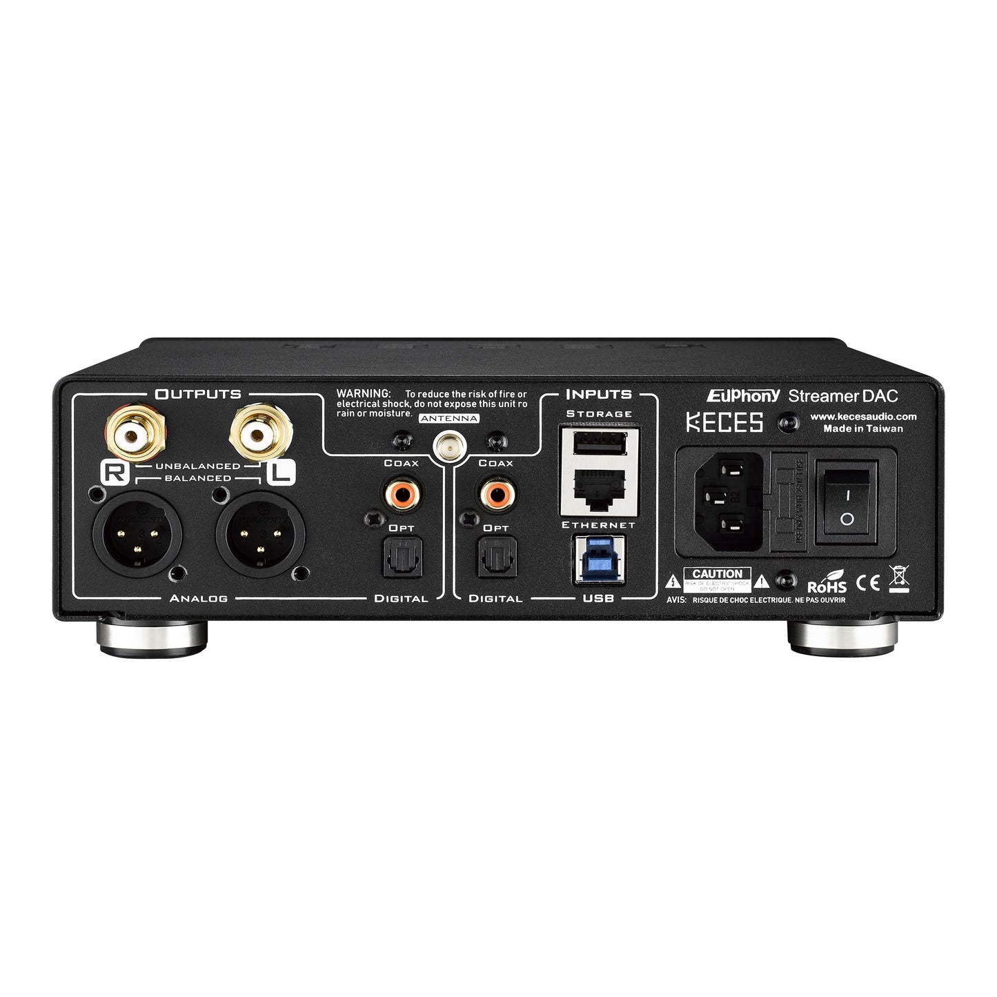 KECES Euphony Streamer-DAC Rückansicht mit Cinch, XLR, Coax, Optisch, USB und Ethernet