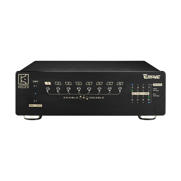 KECES Ewave Audio-Netzwerk-Switch Frontansicht mit Port-Schaltern und Statusanzeigen