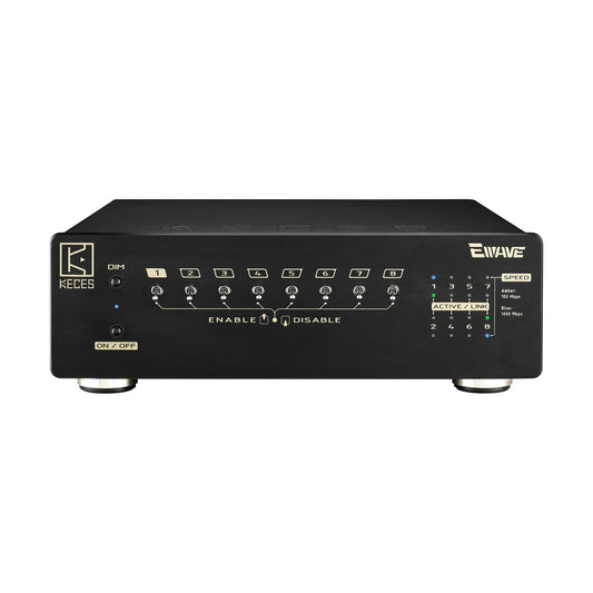 KECES Ewave Audio-Netzwerk-Switch Frontansicht mit Port-Schaltern und Statusanzeigen
