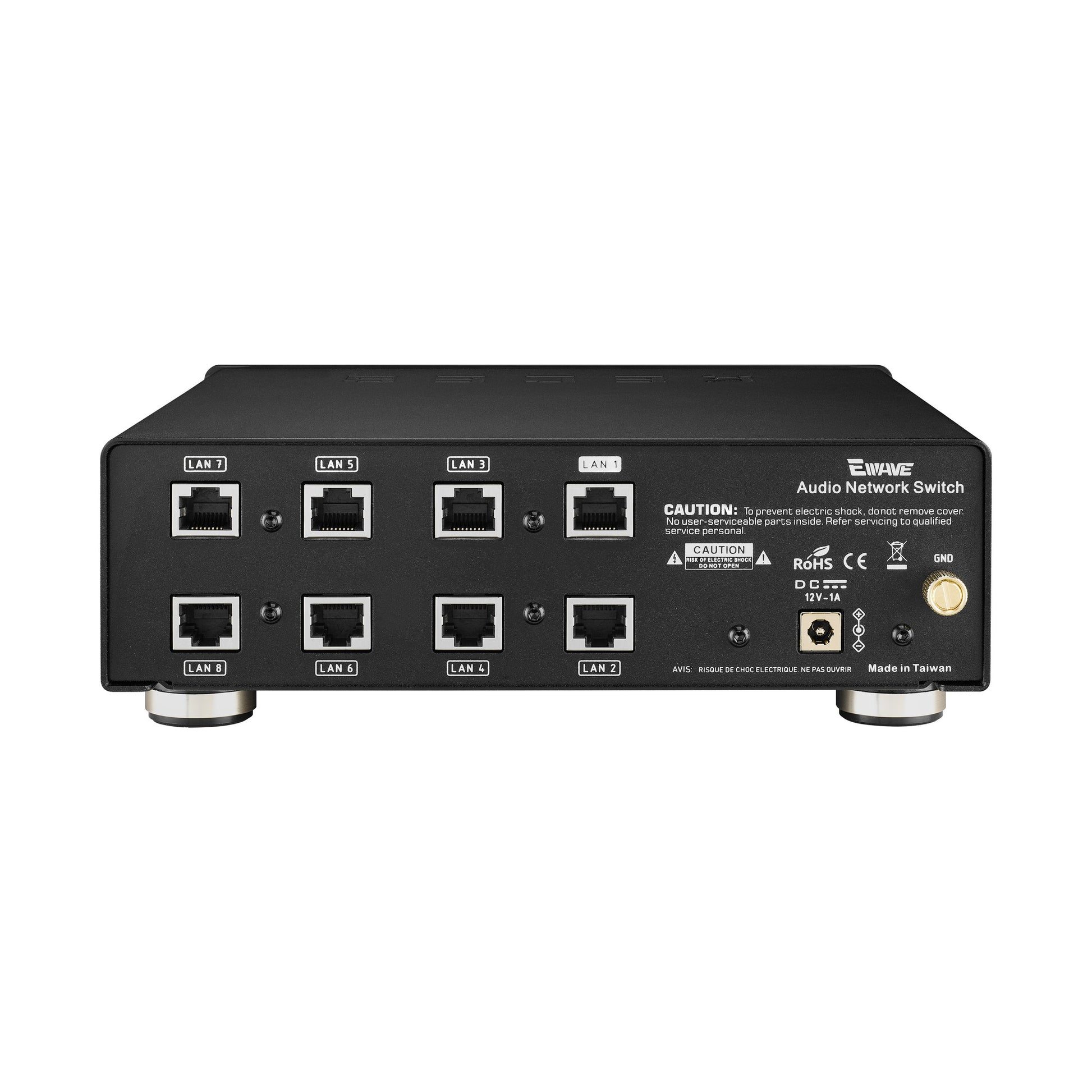 KECES Ewave Audio-Netzwerk-Switch Rückansicht mit acht LAN-Ports und DC-Eingang