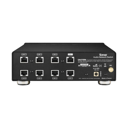 KECES Ewave Audio-Netzwerk-Switch Rückansicht mit acht LAN-Ports und DC-Eingang