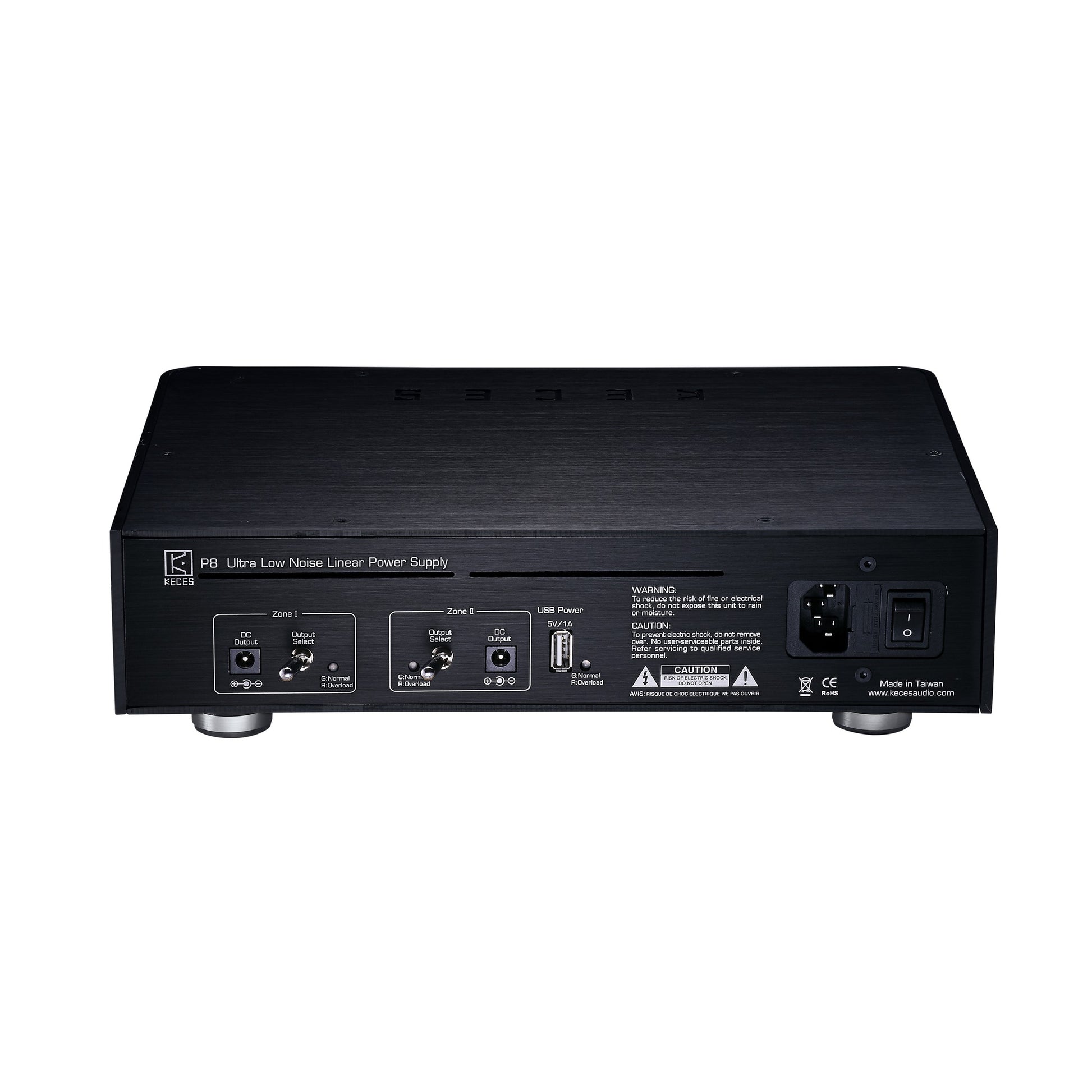 KECES P8 Dual Linearnetzteil Rückansicht mit DC-Ausgängen beider Zonen und USB-Power