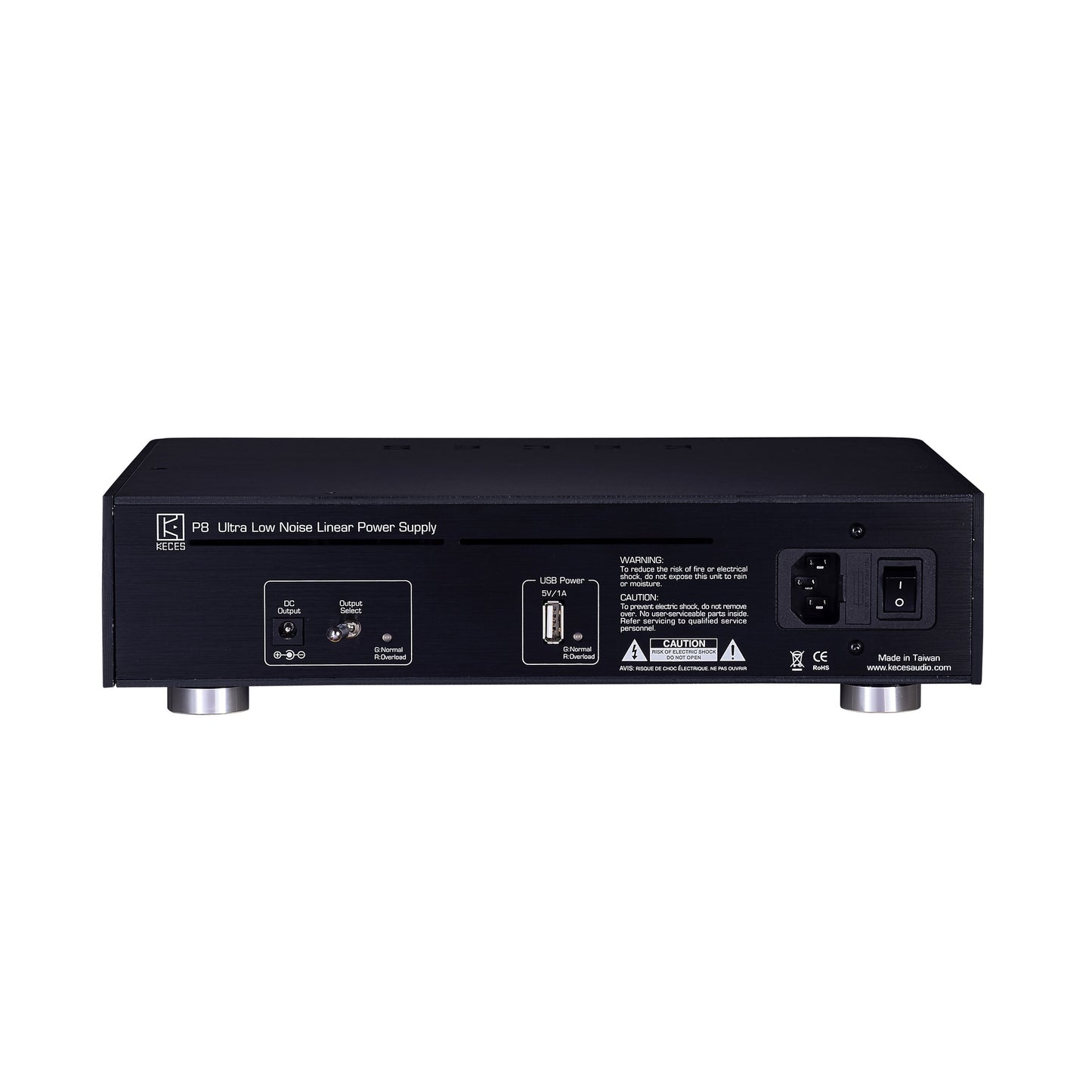 KECES P8 Mono Linearnetzteil Rückansicht mit DC-Ausgang, USB-Power und Kaltgerätebuchse