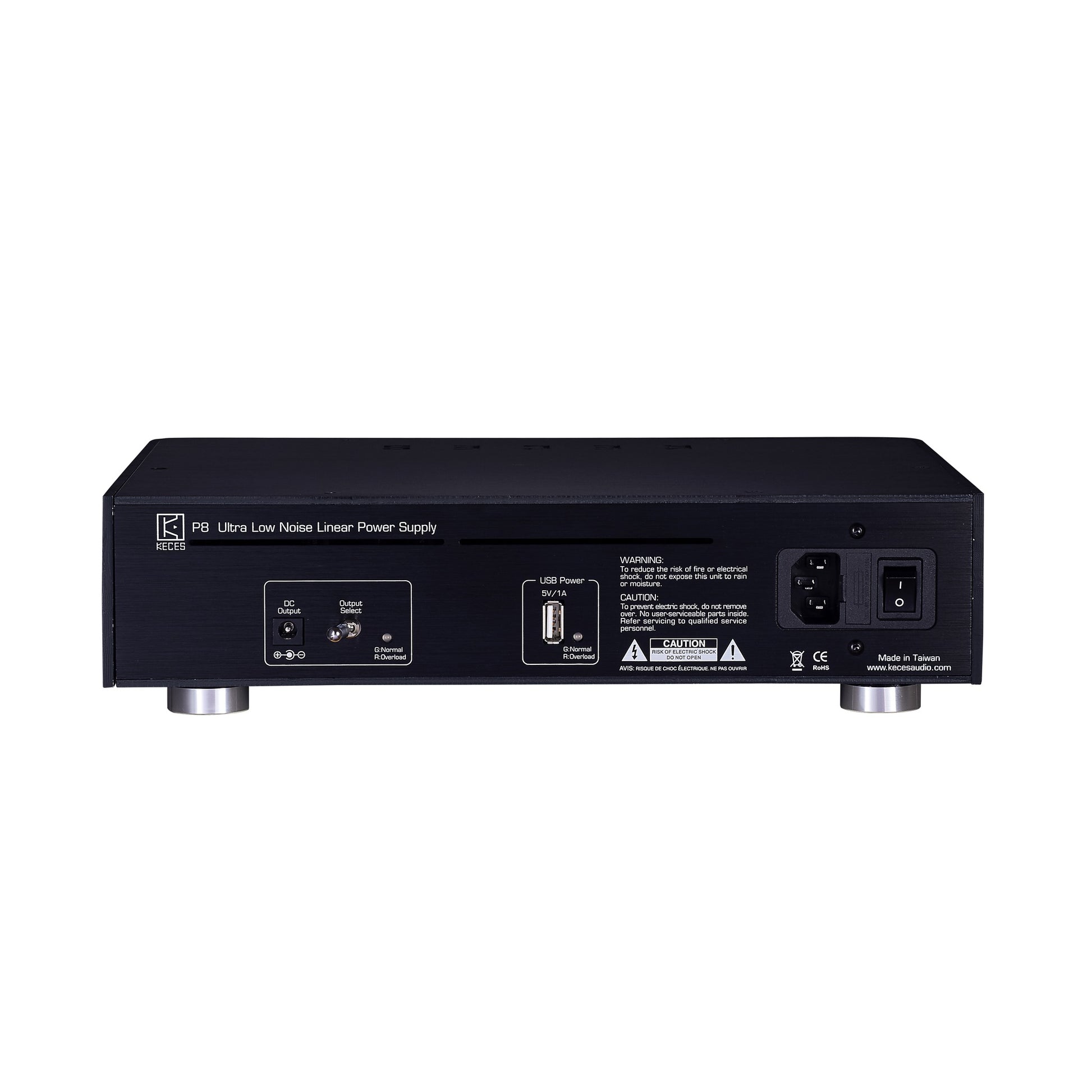 KECES P8 Mono Linearnetzteil Rückansicht mit DC-Ausgang, USB-Power und Kaltgerätebuchse