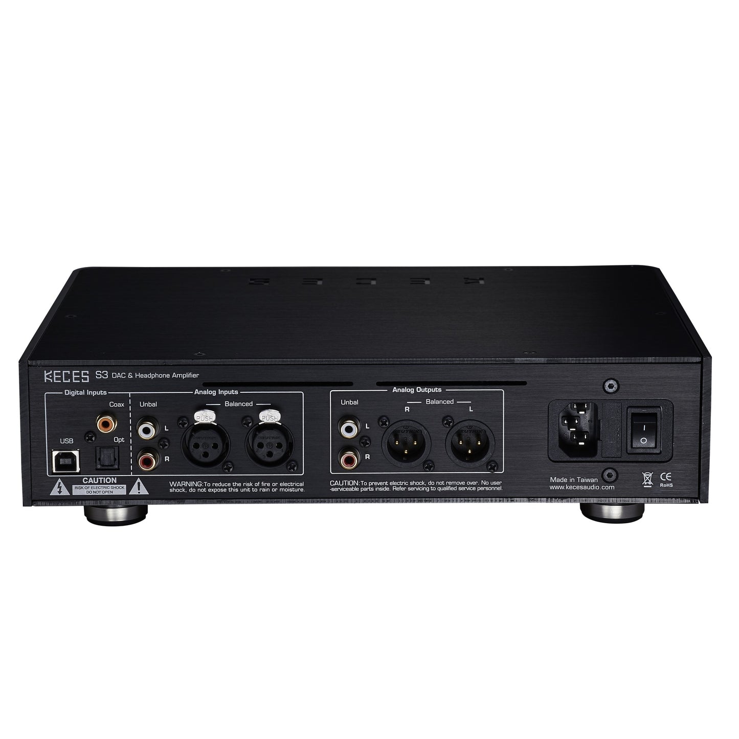 KECES S3 DAC & Kopfhörerverstärker Rückansicht mit USB, Coax, Optisch, Cinch und XLR