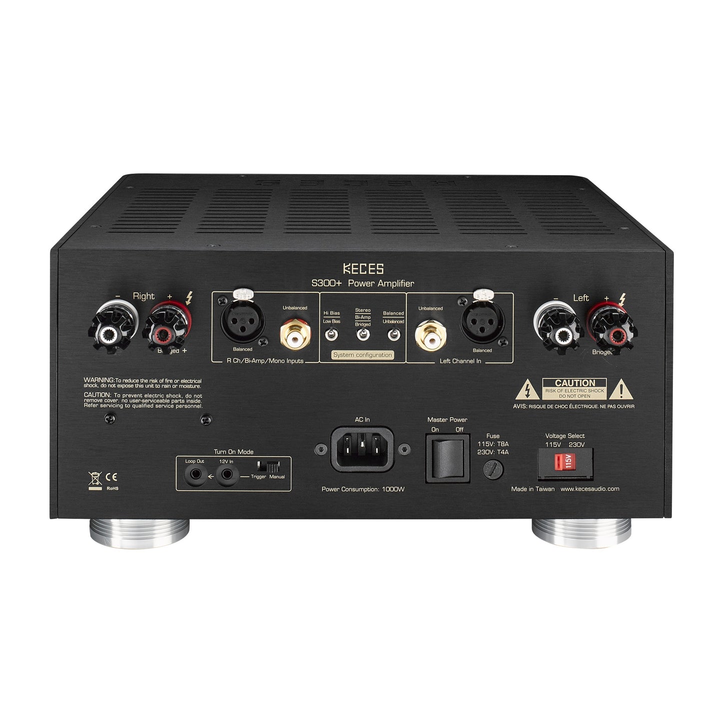 KECES S300+ Endstufe Rückansicht mit XLR- und Cinch-Eingängen und Lautsprecherklemmen