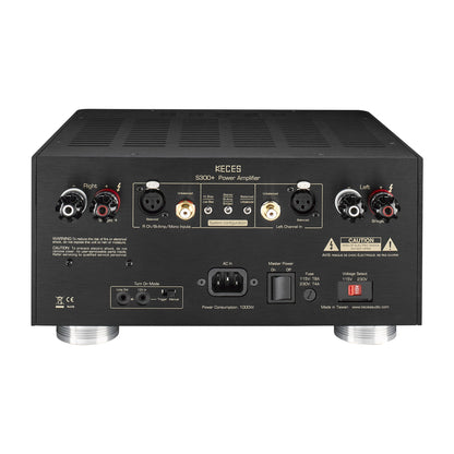 KECES S300+ Endstufe Rückansicht mit XLR- und Cinch-Eingängen und Lautsprecherklemmen
