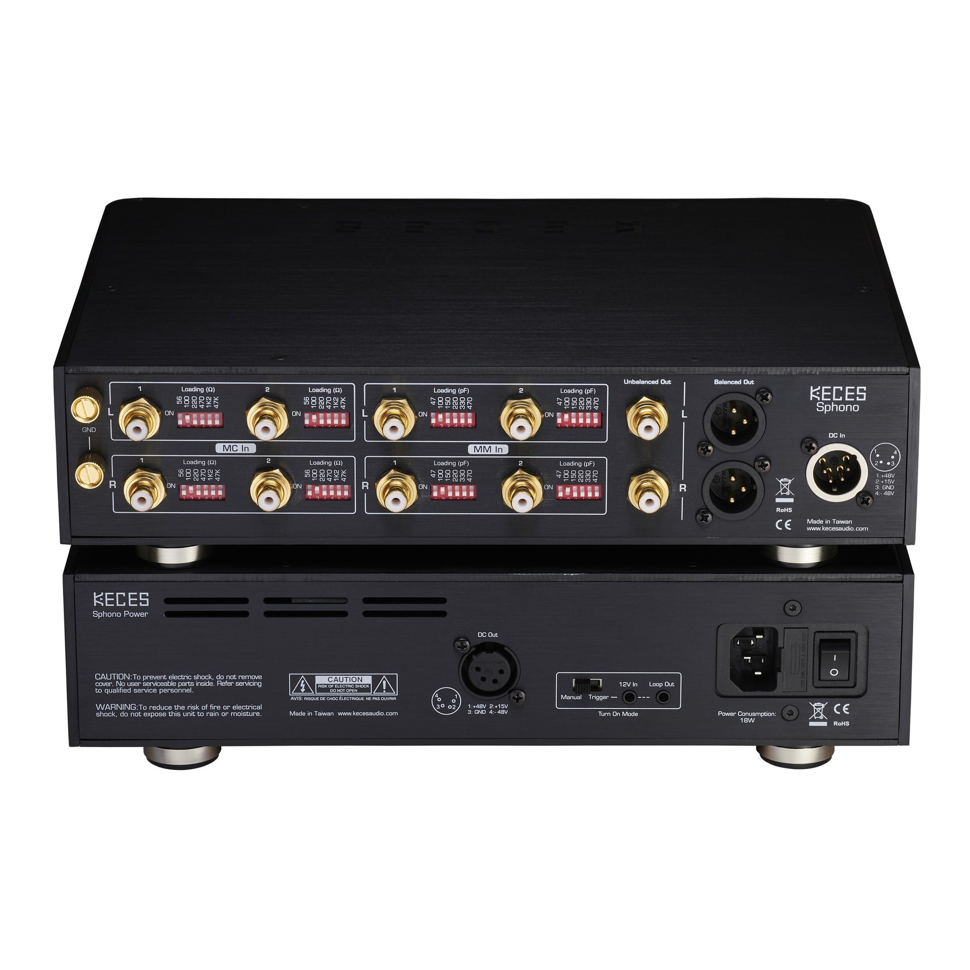 KECES SPhono Phono-Vorstufe Rückansicht mit Cinch- und XLR-Ausgängen und Loading-Schaltern